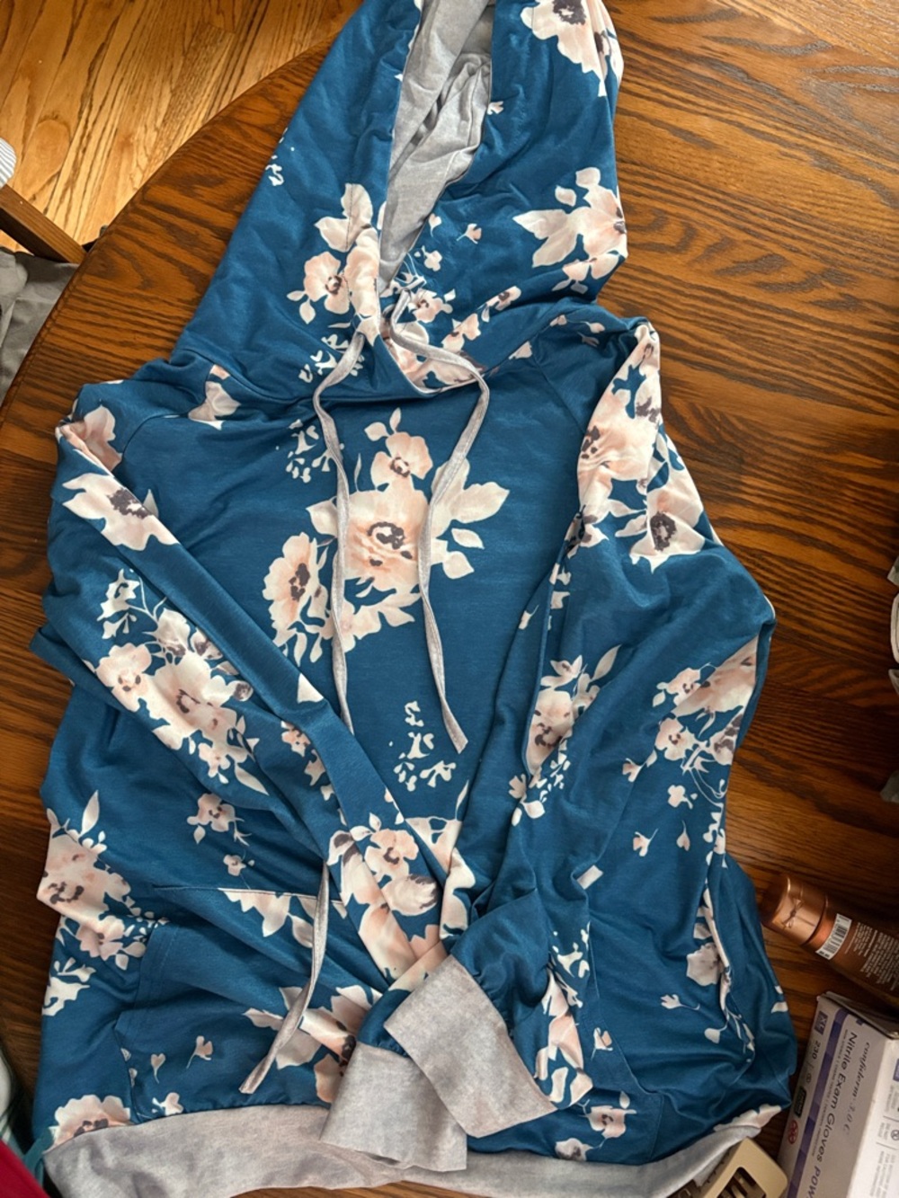 Amazon Teal Floral Hooded Sweatshirt with Light Pink Flowers